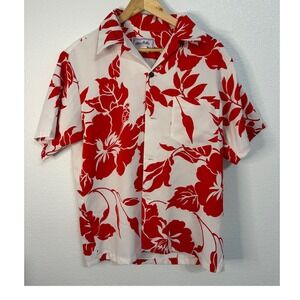 Hilo Hattie vintage Mens Hawaiian Shirt Medium Red White Hibiscus Floral Print